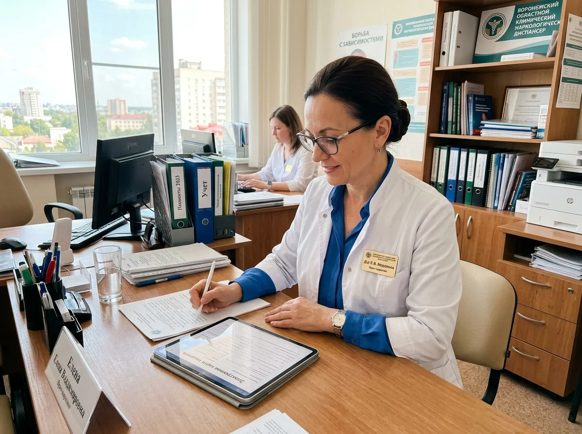 Врач-нарколог с планшетом для записи данных пациента, светлый кабинет наркологической клиники Воронежа, деловая атмосфера