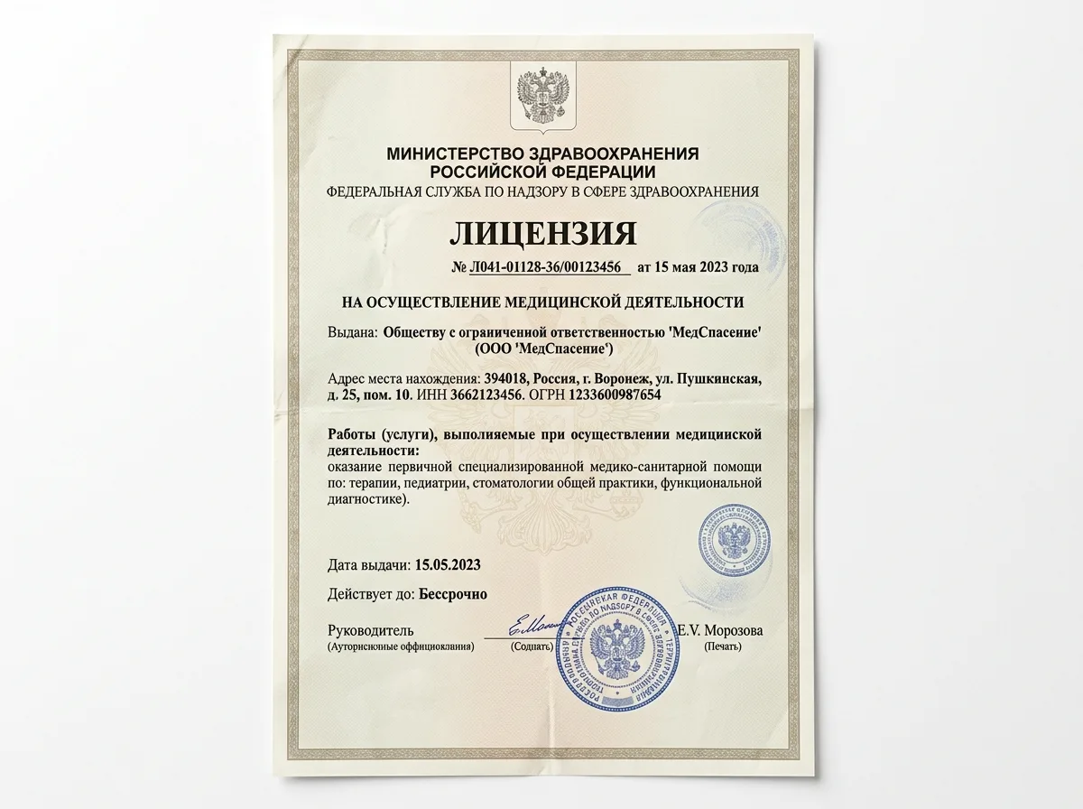 Скан медицинской лицензии ООО МедСпасение Воронеж на белом фоне, документ Росздравнадзора формата А4