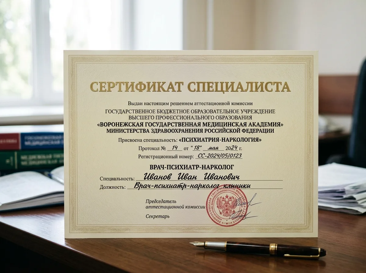 Сертификат специалиста по психиатрии-наркологии, документ на имя врача клиники, Воронежская государственная медицинская академия